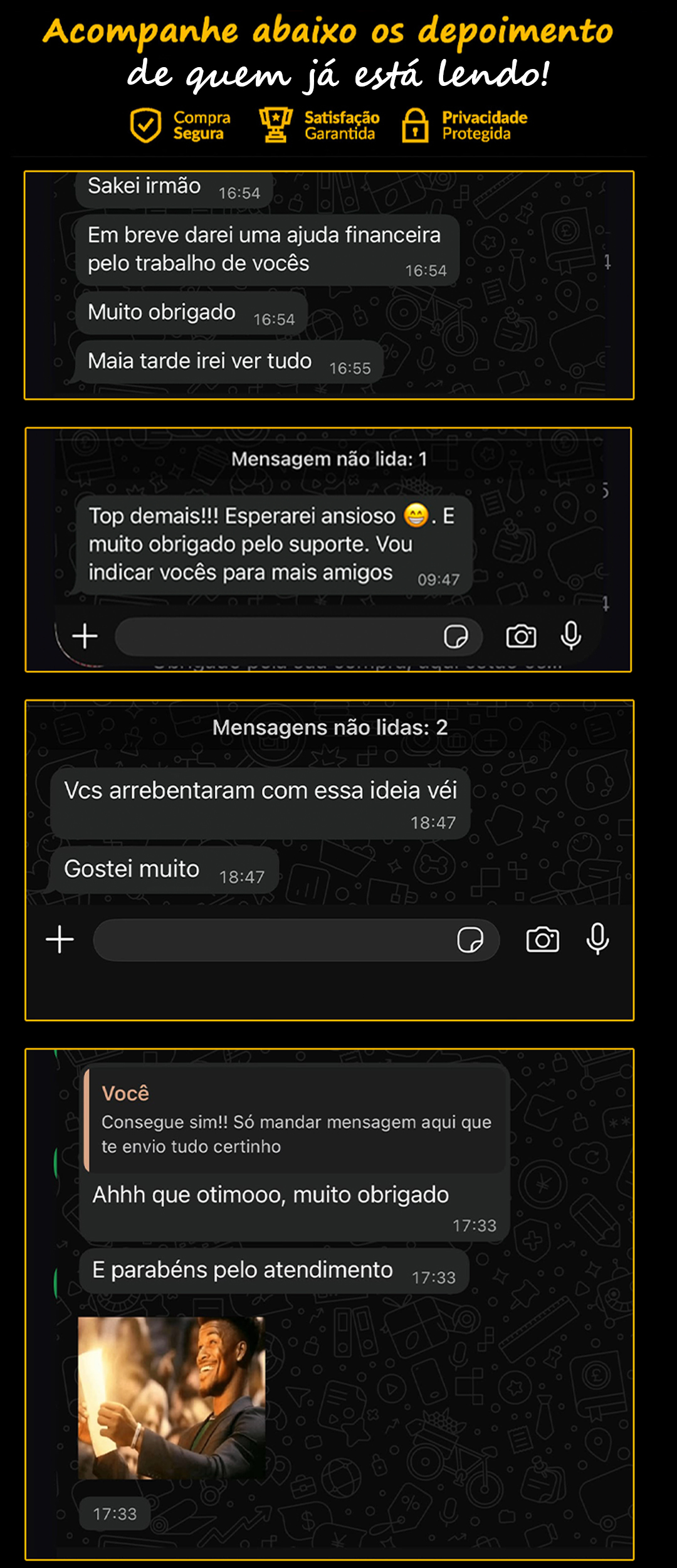 Depoimentos reais de clientes da BatCaverna no WhatsApp